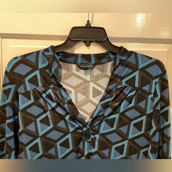 Banana Republic Abstract Print V-Neck Long Sleeve Dress‎ Black Blue Size Medium - Picture 2 of 9